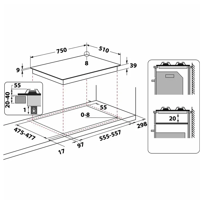 Plaque de cuisson encastrable ARISTON 5 FEUX | 75cm - PCN 751T/X/AI - Gaz - Inox