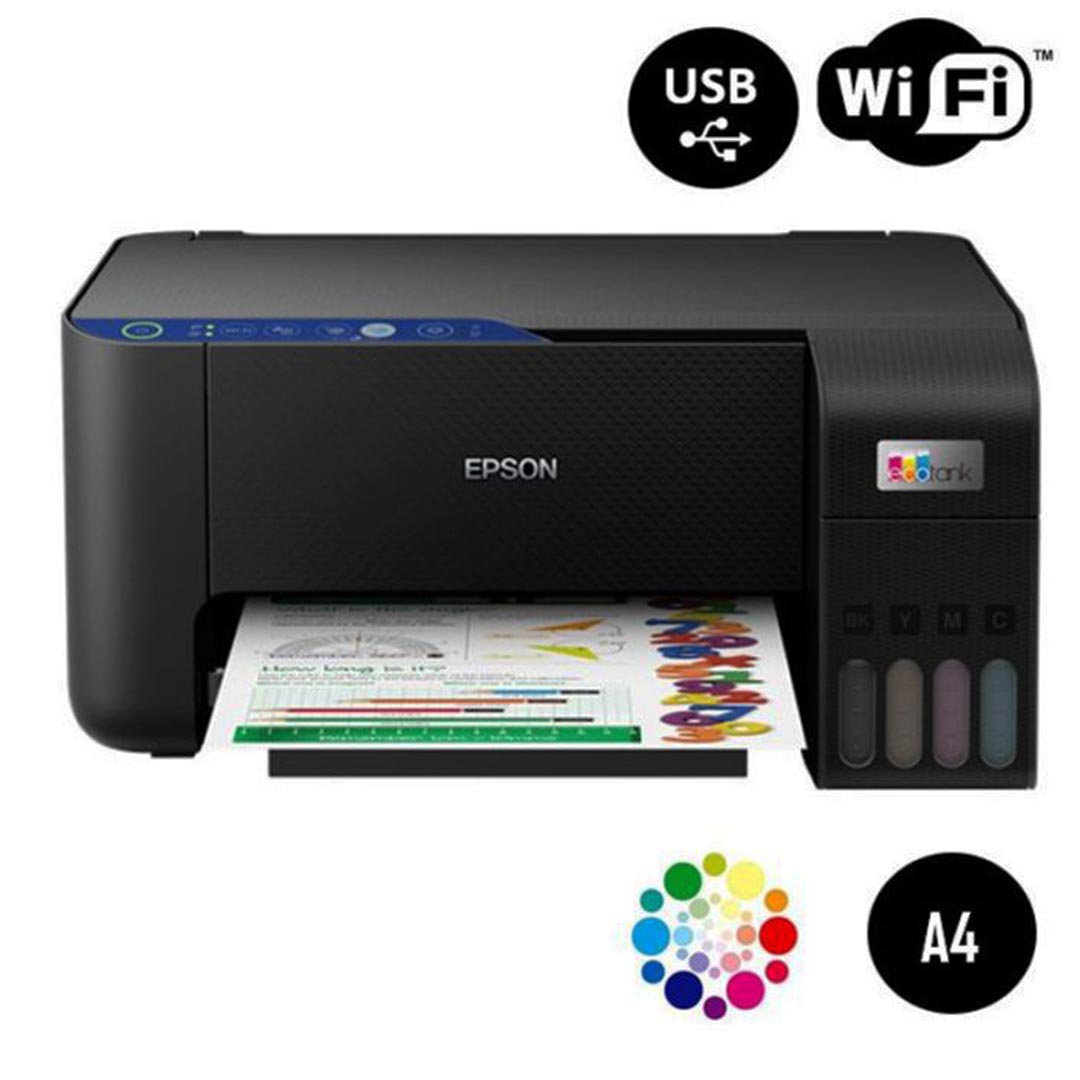 Imprimante EPSON EcoTank L3251 3-en-1 &ndash; Vue lat&eacute;rale avec r&eacute;servoirs rechargeables